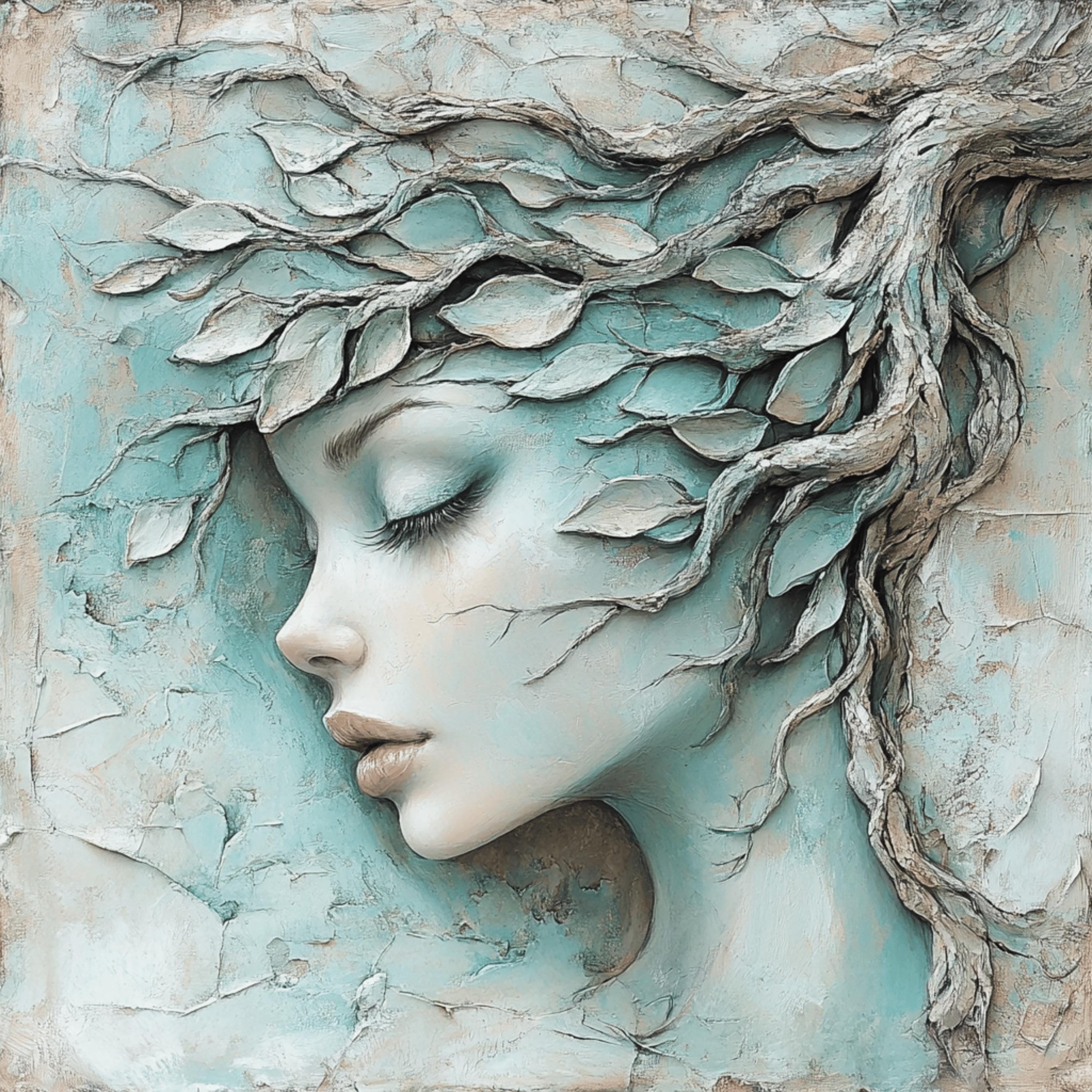 16 Ethereal Woman Nature Fantasy Fusion Digital Art Dreamy Textured Portrait Instant Download Large Square Artwork, Spiritual Mindfulness.