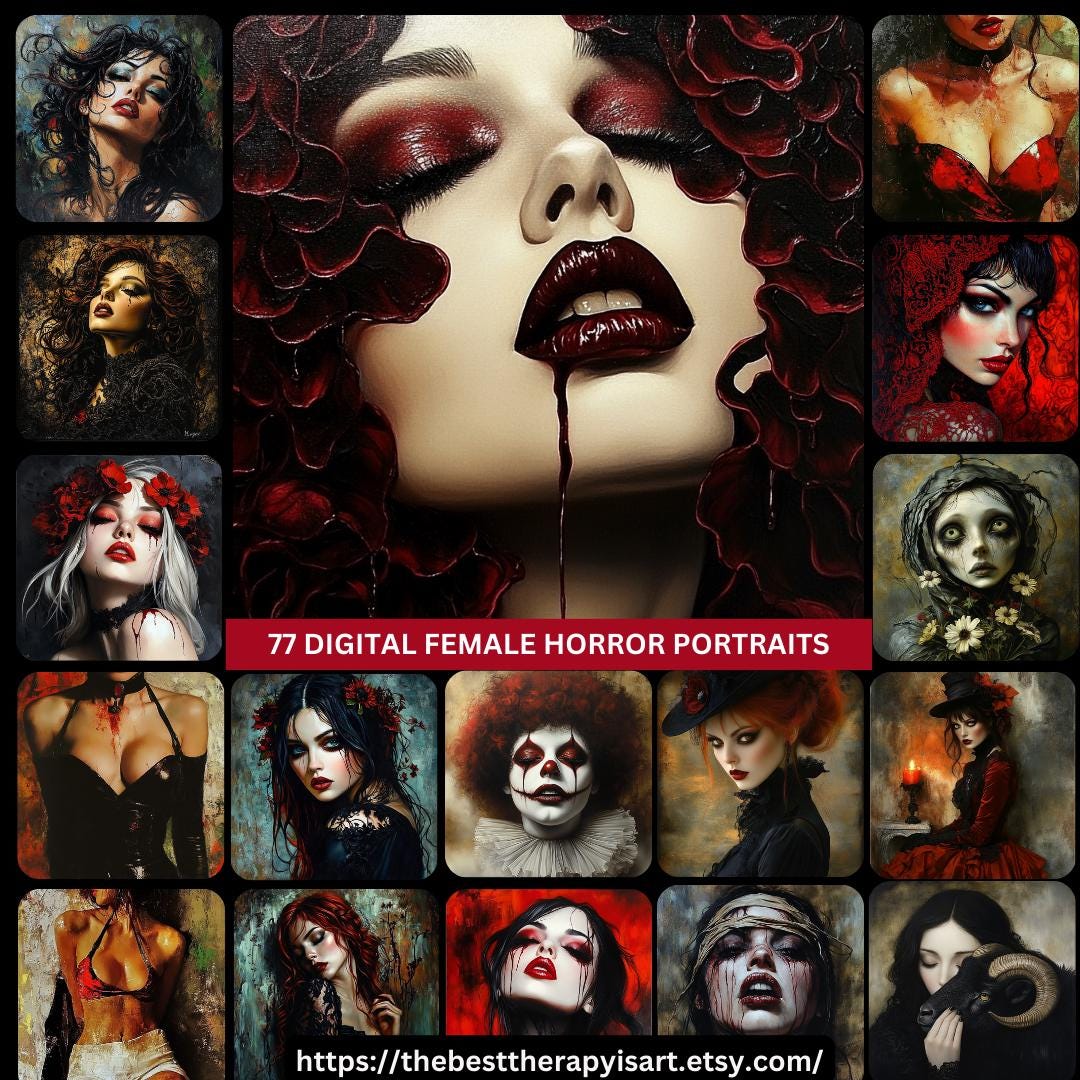 75 female portraits women of horror romantic gothic genre large square artwork poster digital art halloween themed artwork overthebed scary