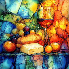 Stained Glass Still Life Digital Images, Wine Cheese Fruit Bread Art, Large Square Artwork Poster, Set of 21 Kitchen Dining Room Wall Decor.