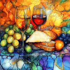 Stained Glass Still Life Digital Images, Wine Cheese Fruit Bread Art, Large Square Artwork Poster, Set of 21 Kitchen Dining Room Wall Decor.