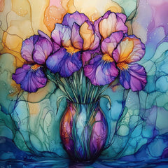 Iris Flower Stained Glass Art, 11 Large Square Artwork, Vibrant Wall Decor, Digital Print, Abstract Floral Painting, Living Dining Bedroom.