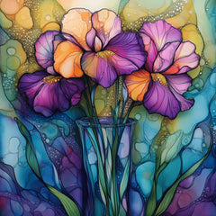 Iris Flower Stained Glass Art, 11 Large Square Artwork, Vibrant Wall Decor, Digital Print, Abstract Floral Painting, Living Dining Bedroom.