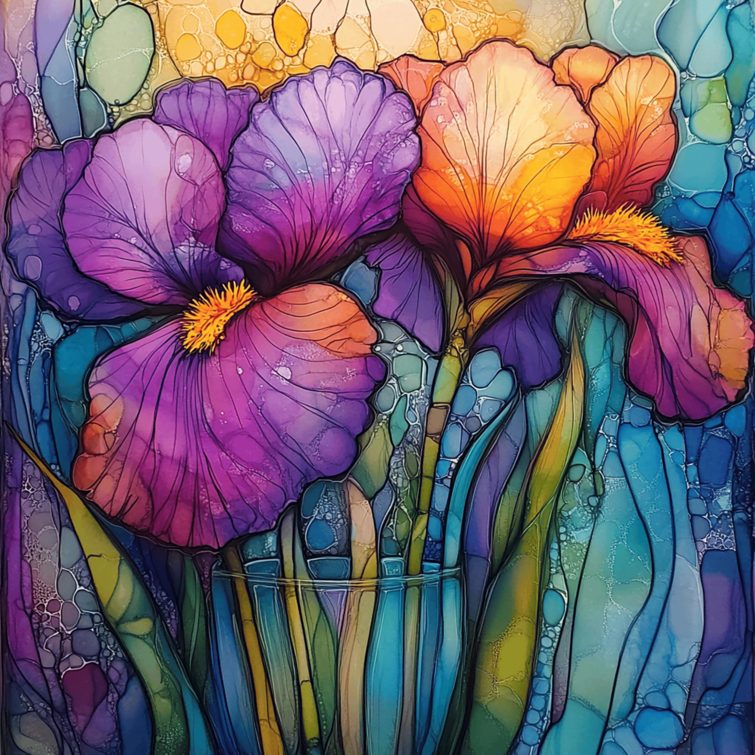Iris Flower Stained Glass Art, 11 Large Square Artwork, Vibrant Wall Decor, Digital Print, Abstract Floral Painting, Living Dining Bedroom.