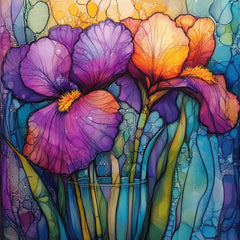 Iris Flower Stained Glass Art, 11 Large Square Artwork, Vibrant Wall Decor, Digital Print, Abstract Floral Painting, Living Dining Bedroom.