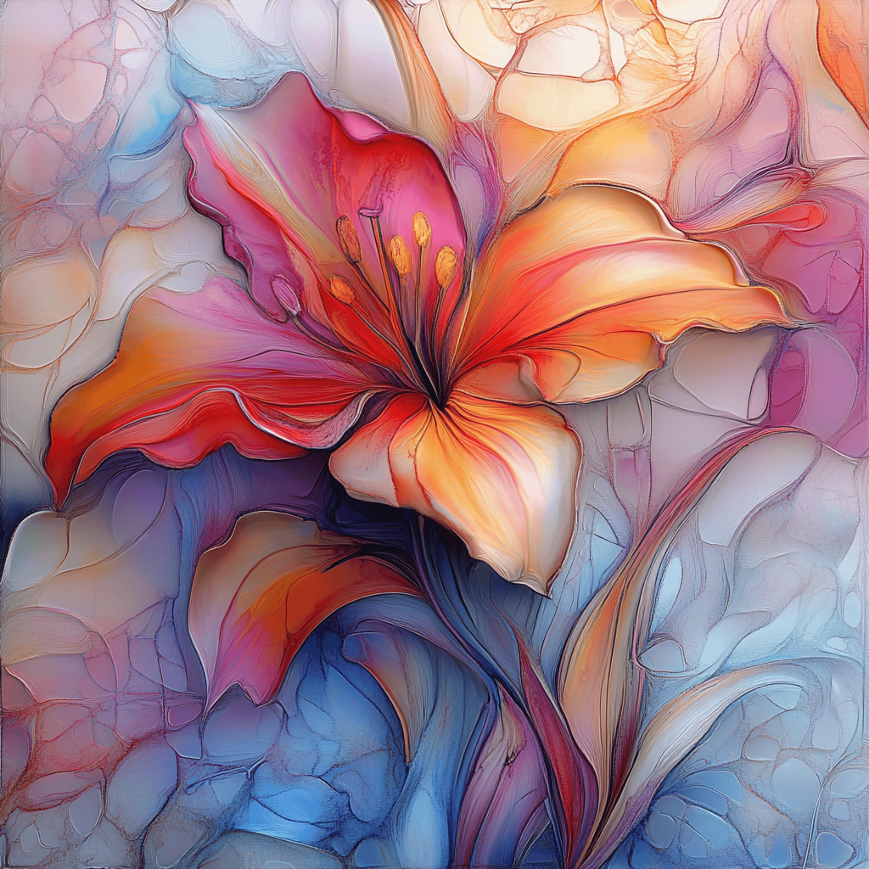 Lily Flower Stained Glass Effect Digital Print Large Square Poster, Birth Month May, Star Sign Taurus Gemini