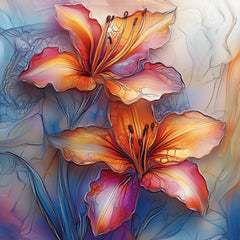 Lily Flower Stained Glass Effect Digital Print Large Square Poster, Birth Month May, Star Sign Taurus Gemini