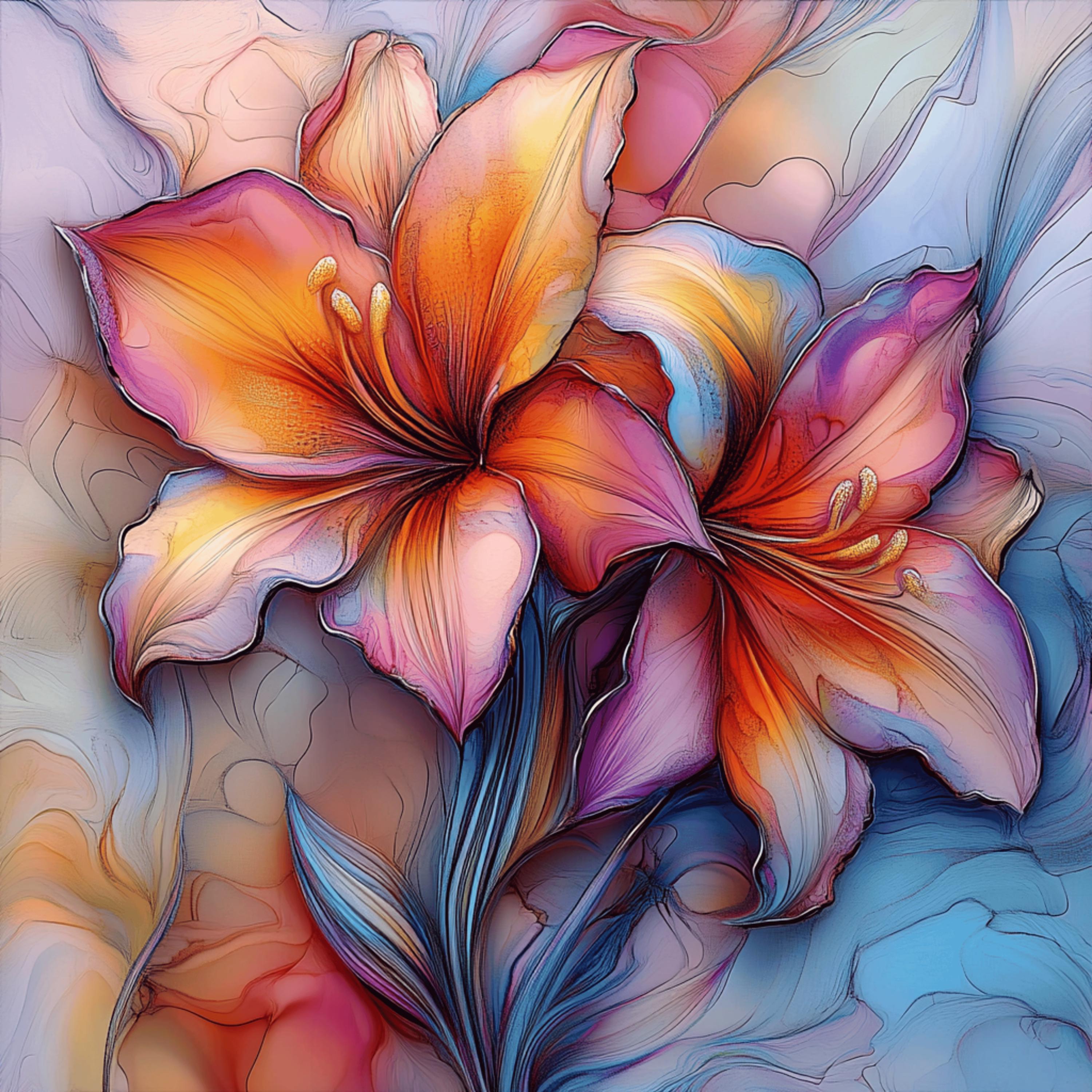 Lily Flower Stained Glass Effect Digital Print Large Square Poster, Birth Month May, Star Sign Taurus Gemini