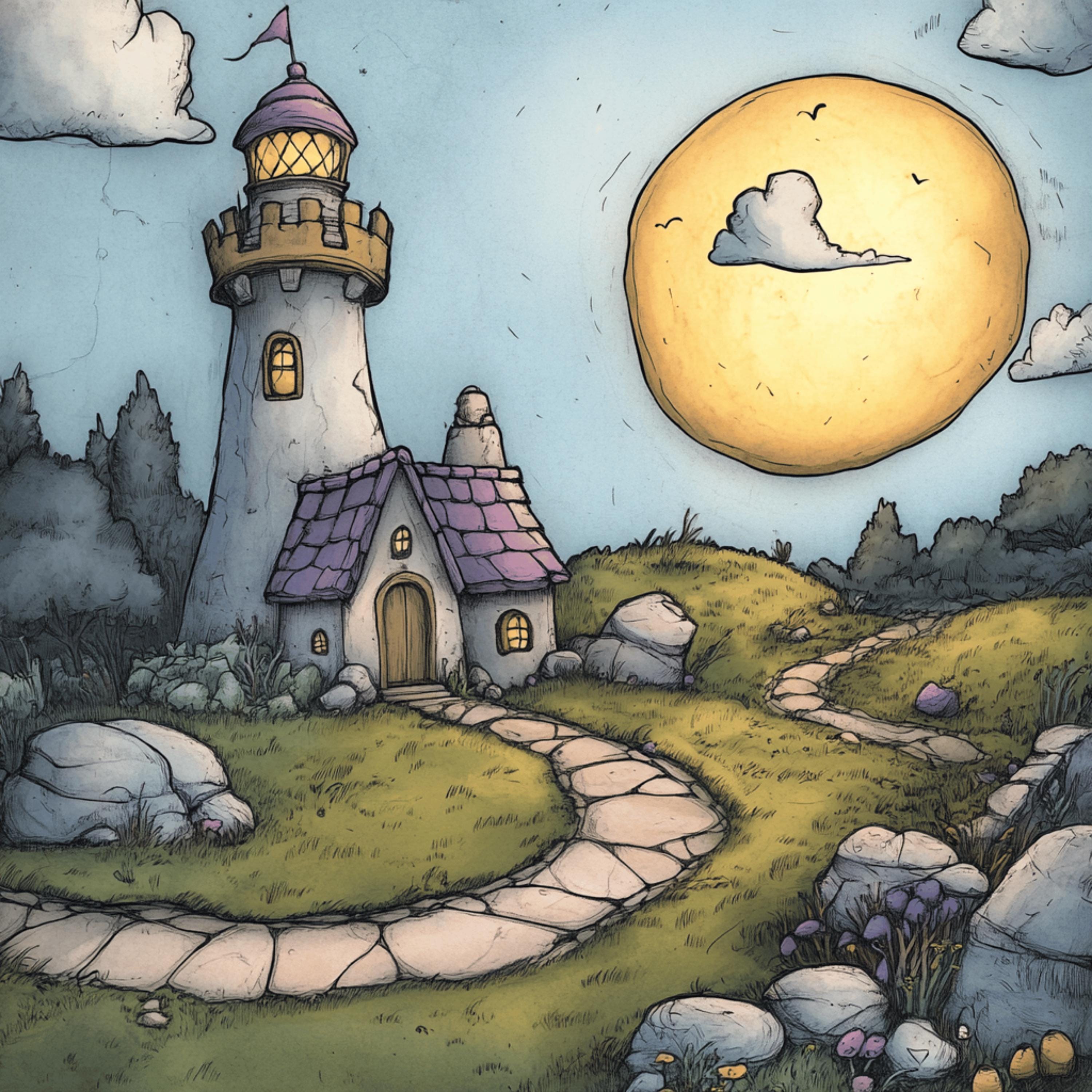 Whimsical lighthouse windmill ocean artwork, large square art, kids room decor, serene seaside illustration, 24 digital images