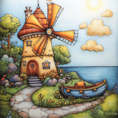 Whimsical lighthouse windmill ocean artwork, large square art, kids room decor, serene seaside illustration, 24 digital images