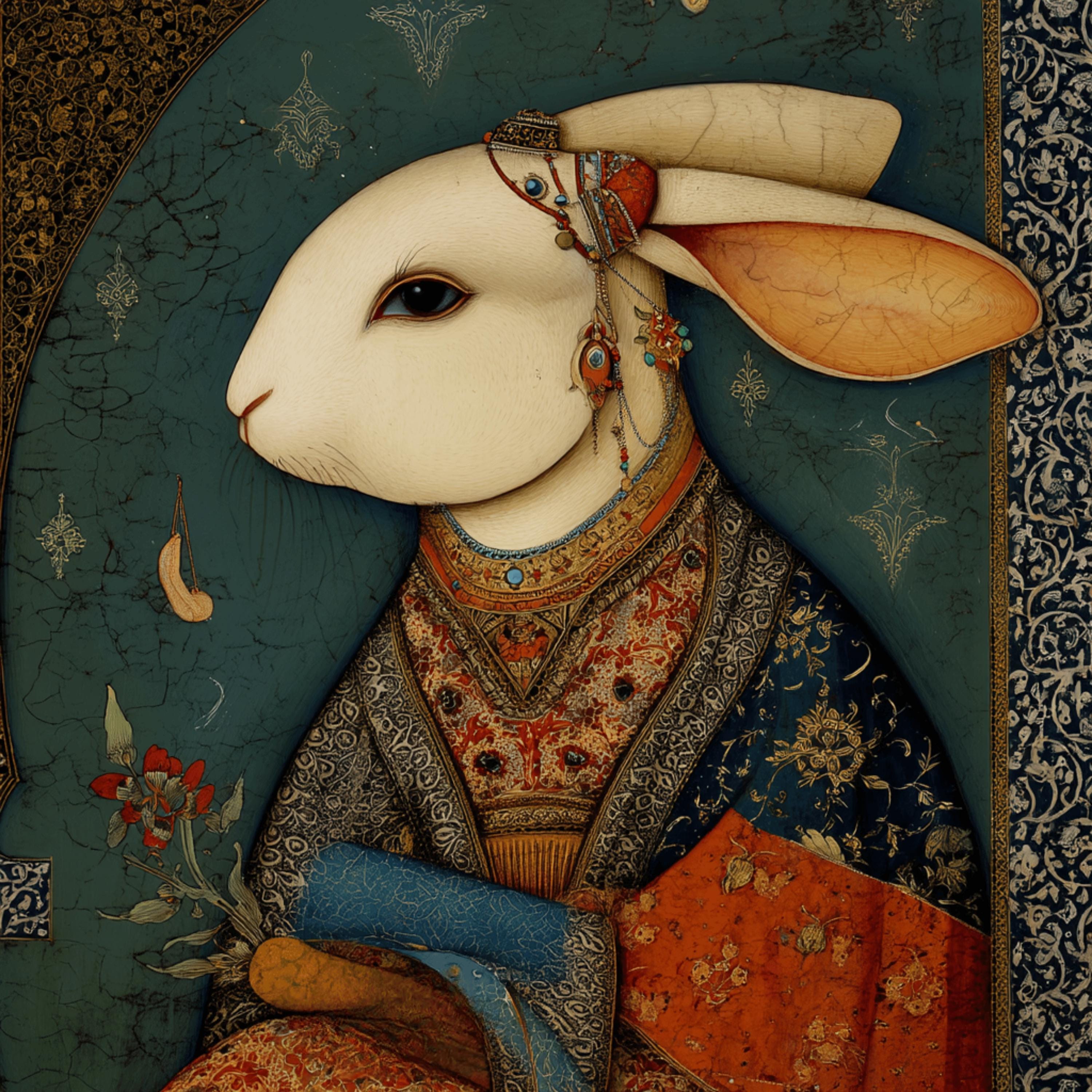 15 White Rabbit in Persian Costume Wall Art, Printable Animal Portraits, Whimsical Digital Decor, Rabbit Gift for Her, Boho Nursery Print