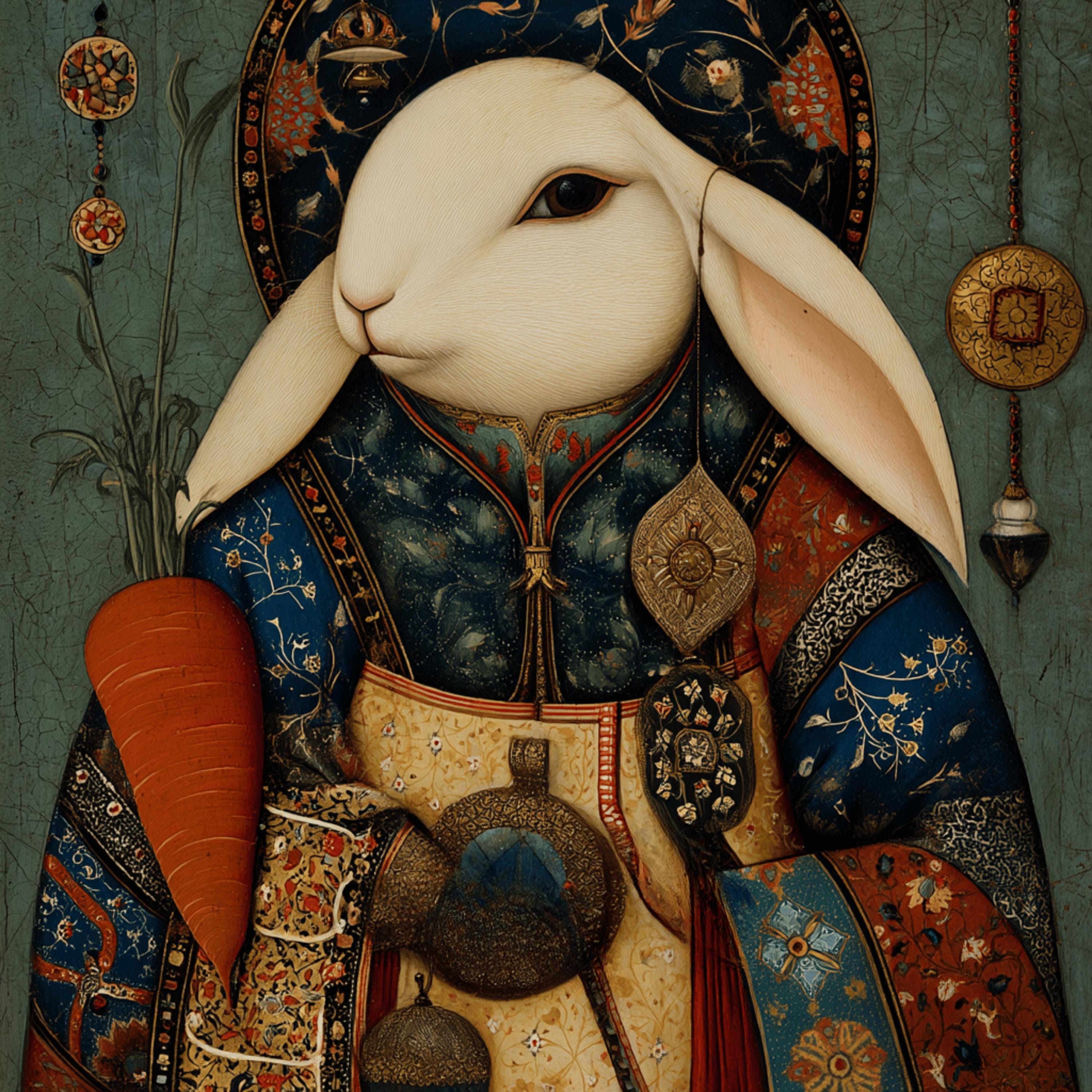 15 White Rabbit in Persian Costume Wall Art, Printable Animal Portraits, Whimsical Digital Decor, Rabbit Gift for Her, Boho Nursery Print
