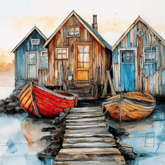 10 Whimsical harbor boat house wall art, printable rustic coastal home decor, DIY wall art for crafters, sublimation, nautical gifts
