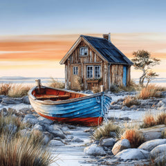 10 Whimsical harbor boat house wall art, printable rustic coastal home decor, DIY wall art for crafters, sublimation, nautical gifts