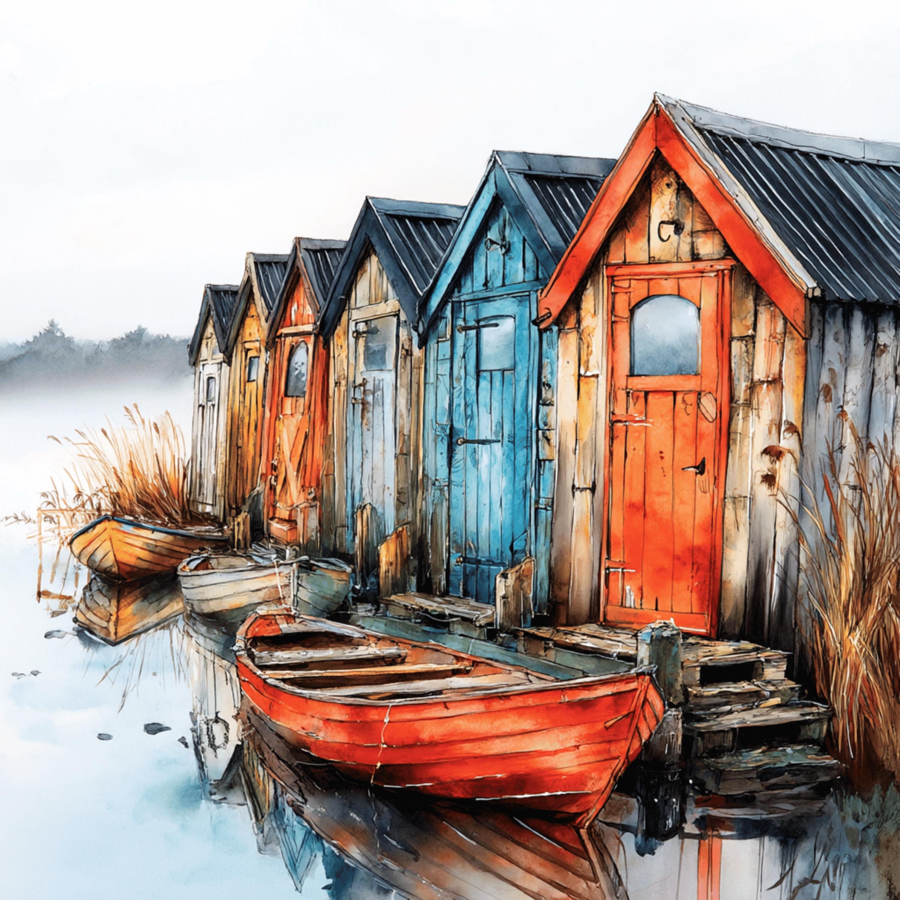 10 Whimsical harbor boat house wall art, printable rustic coastal home decor, DIY wall art for crafters, sublimation, nautical gifts