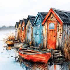 10 Whimsical harbor boat house wall art, printable rustic coastal home decor, DIY wall art for crafters, sublimation, nautical gifts