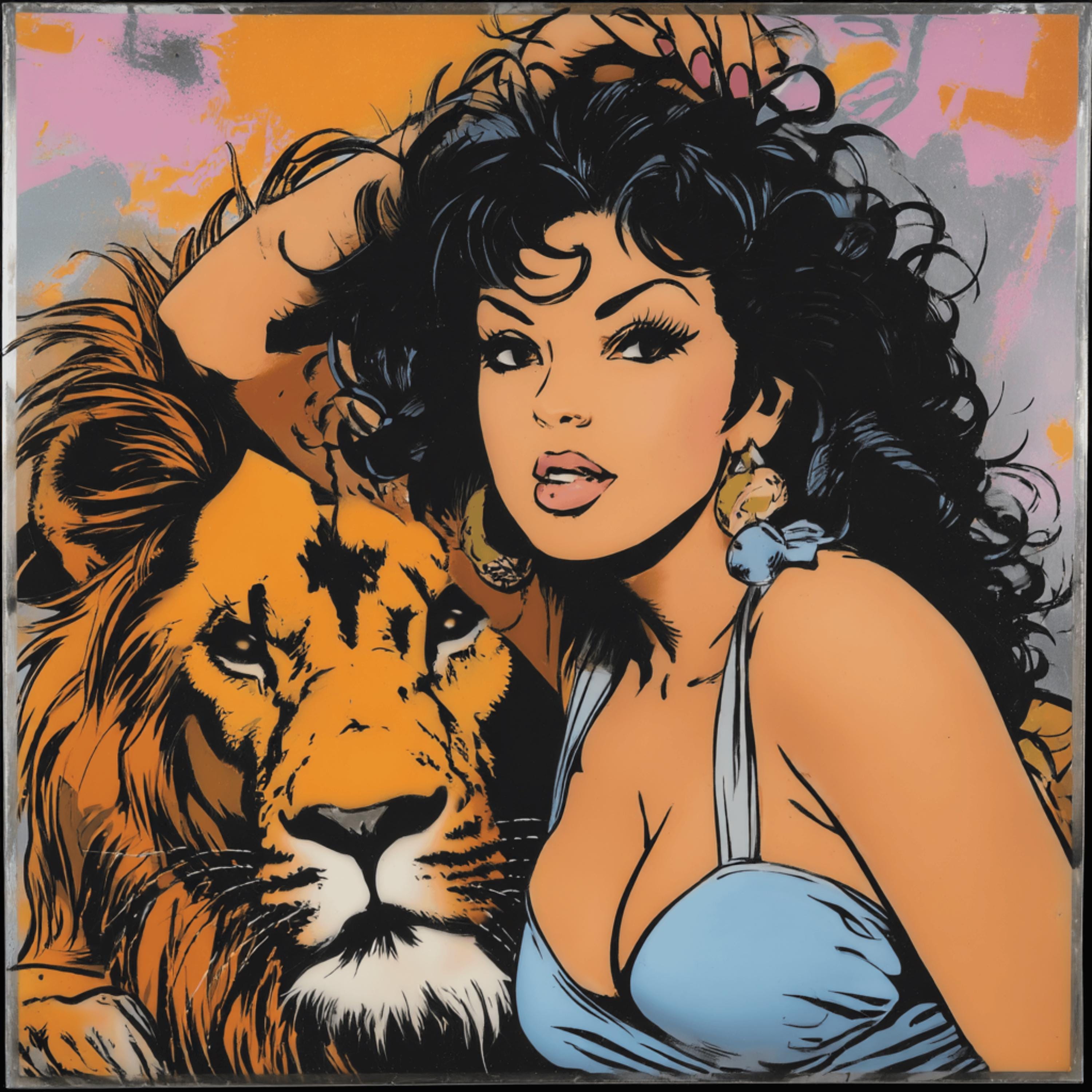 13 Comic Book Style Woman with Lion Wolf Bear, Printable Pop Art Wall Decor, DIY Digital Art for Crafters, Giftable Bold POD Artwork