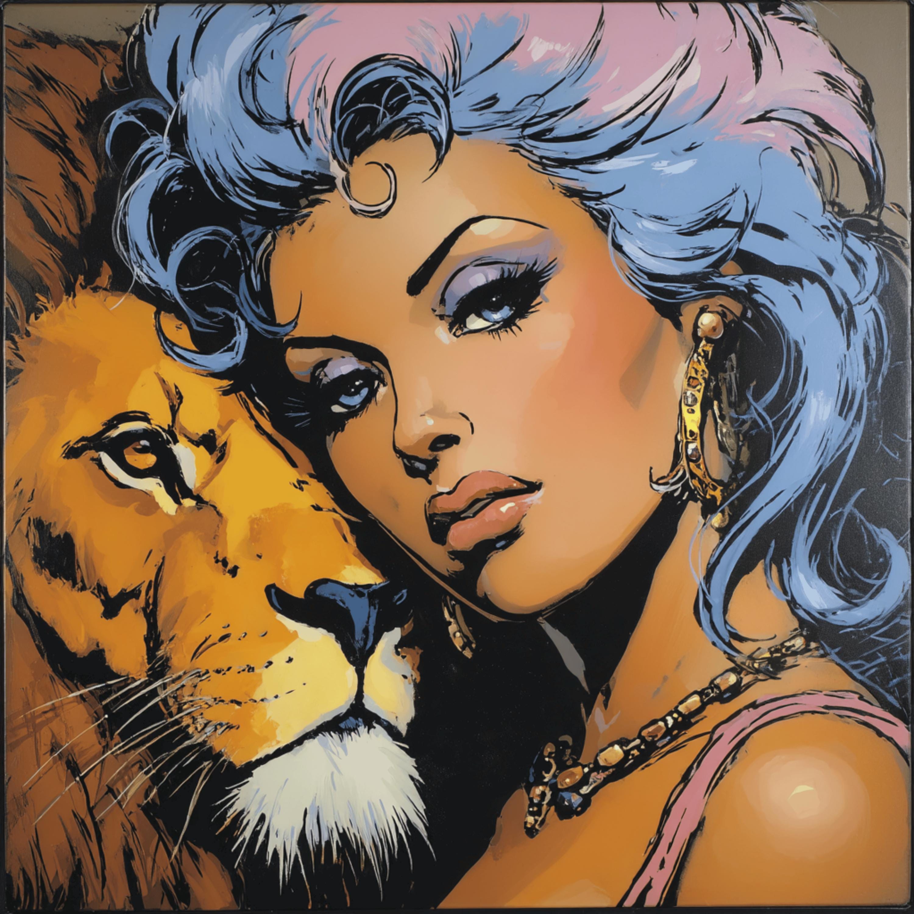 13 Comic Book Style Woman with Lion Wolf Bear, Printable Pop Art Wall Decor, DIY Digital Art for Crafters, Giftable Bold POD Artwork