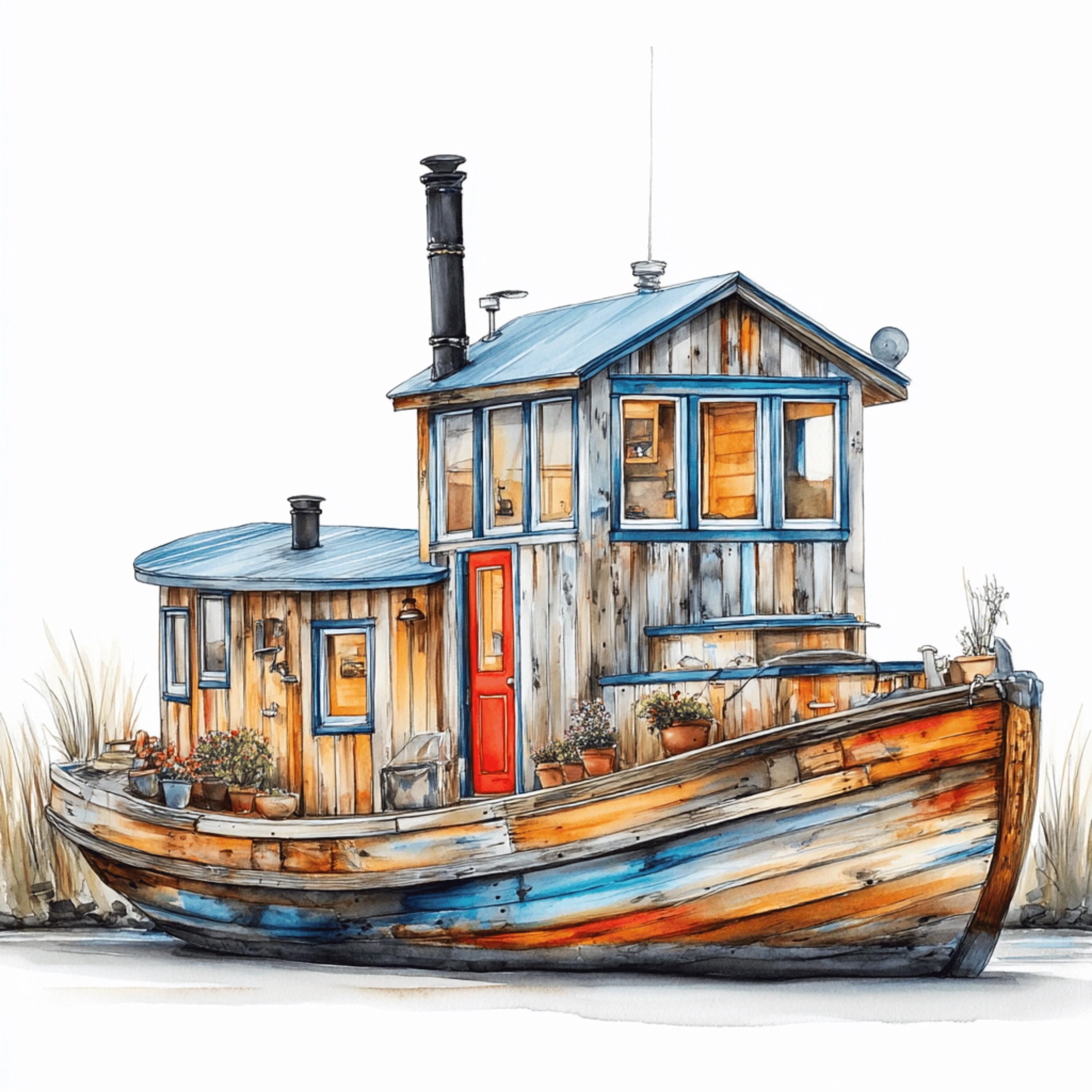 10 Whimsical harbor boat house wall art, printable rustic coastal home decor, DIY wall art for crafters, sublimation, nautical gifts