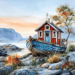 10 Whimsical harbor boat house wall art, printable rustic coastal home decor, DIY wall art for crafters, sublimation, nautical gifts