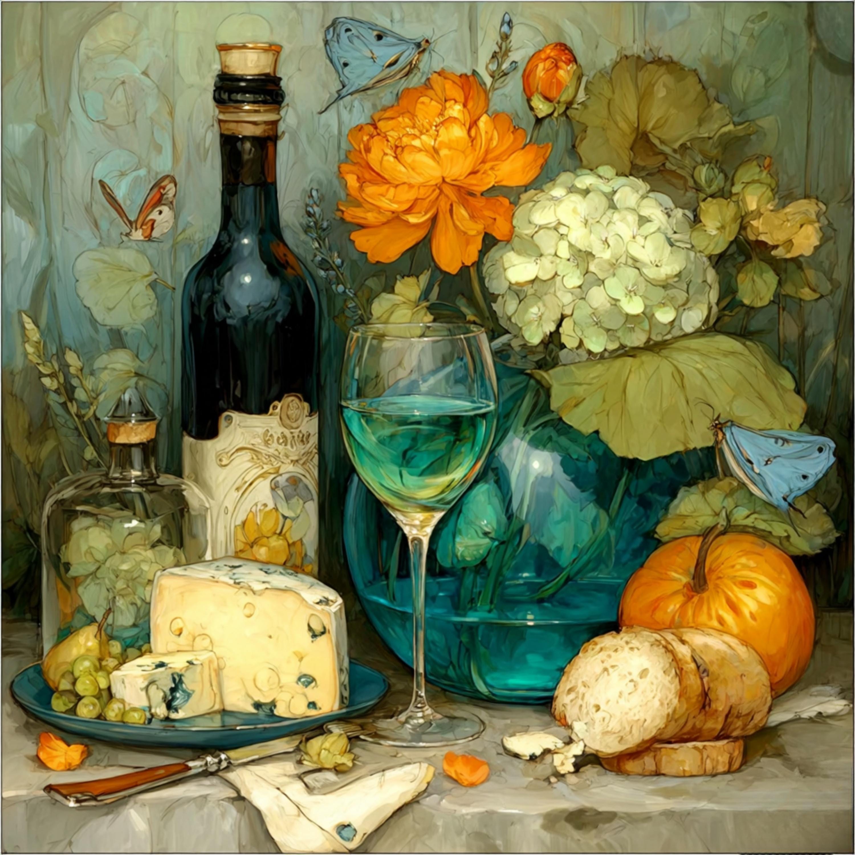 DIY Wall Art Kitchen Still Life | Digital Art Wine Cheese Bread Fruit | Dining Room Artwork for Crafters POD Sublimation Decor