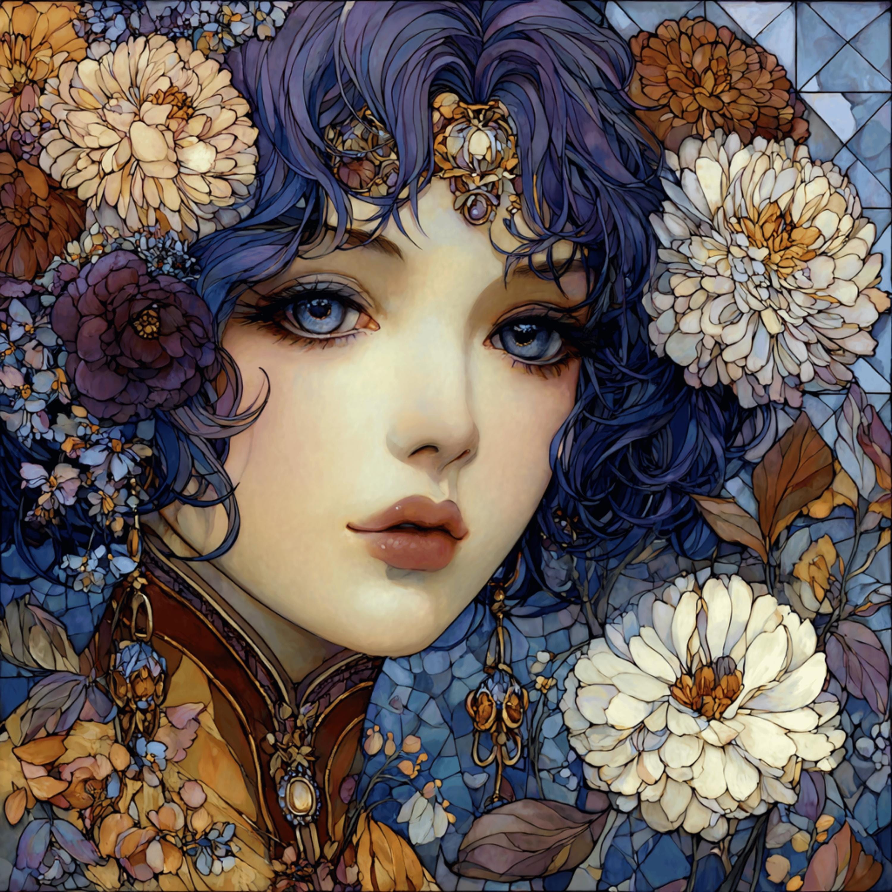 13 Boho Floral Girl Art Prints, DIY Wall Art for Craft Projects, Violet Blue and Gold Flower Portraits, Sublimation Clipart for Gifts