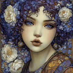13 Boho Floral Girl Art Prints, DIY Wall Art for Craft Projects, Violet Blue and Gold Flower Portraits, Sublimation Clipart for Gifts