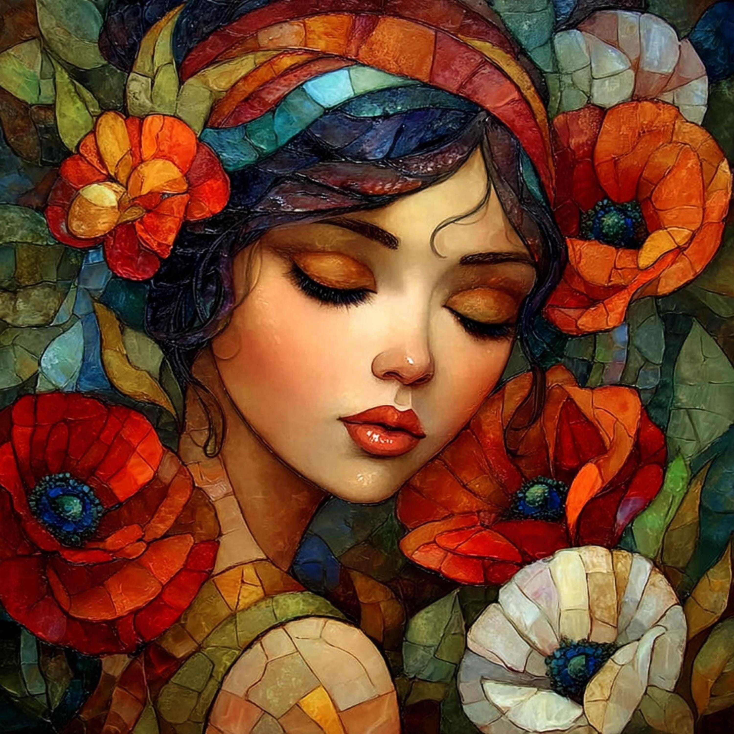 15 Stained Glass Woman Wall Art, Floral Face Portraits, Boho Printable Artwork, DIY Wall Art for Bedroom, POD Sublimation Art for Gifts
