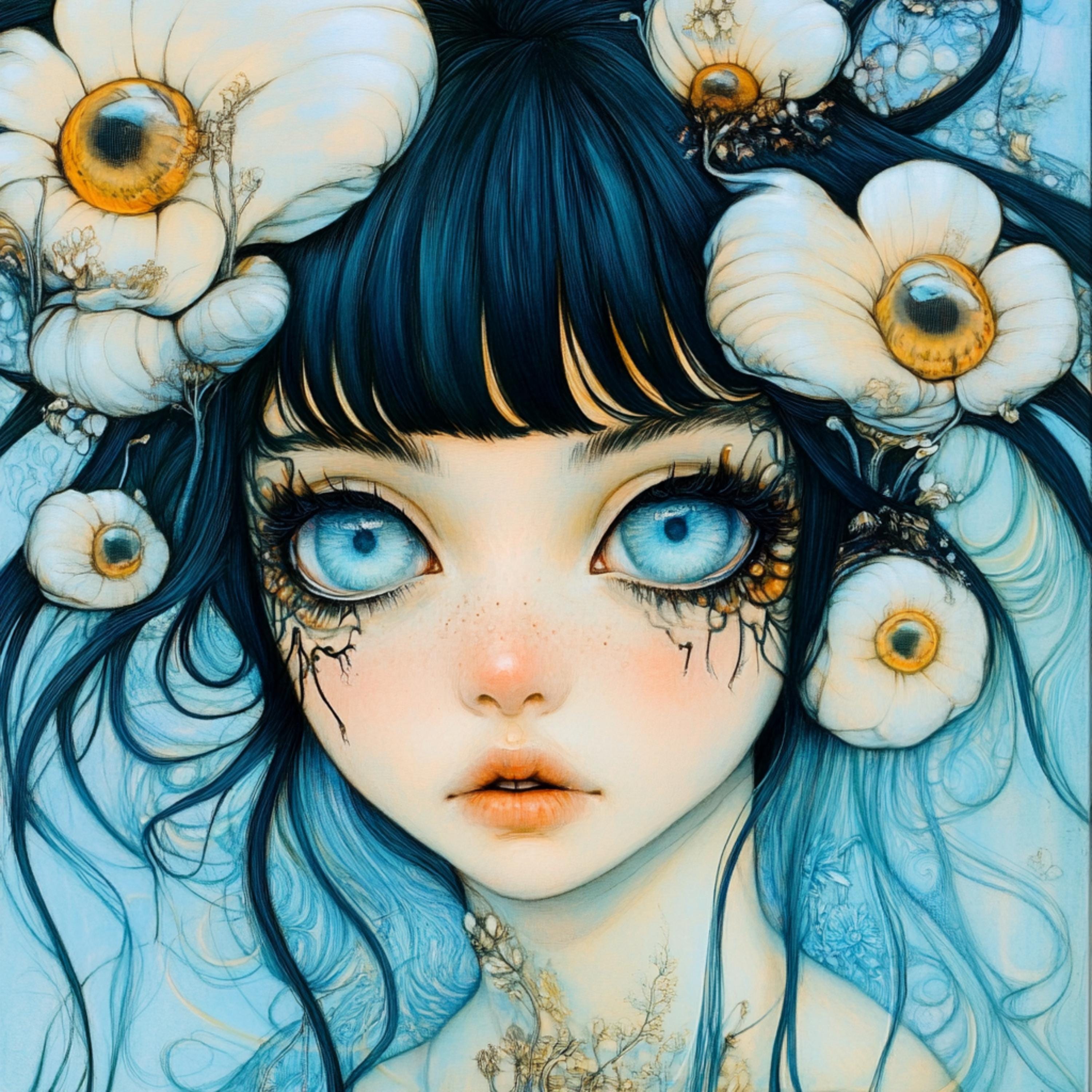 15 Surreal Blue-Eyed Girl Gothic Fantasy Portraits for DIY Wall Art, Sublimation or POD, Ethereal Digital Art Prints for Dreamy Home Decor