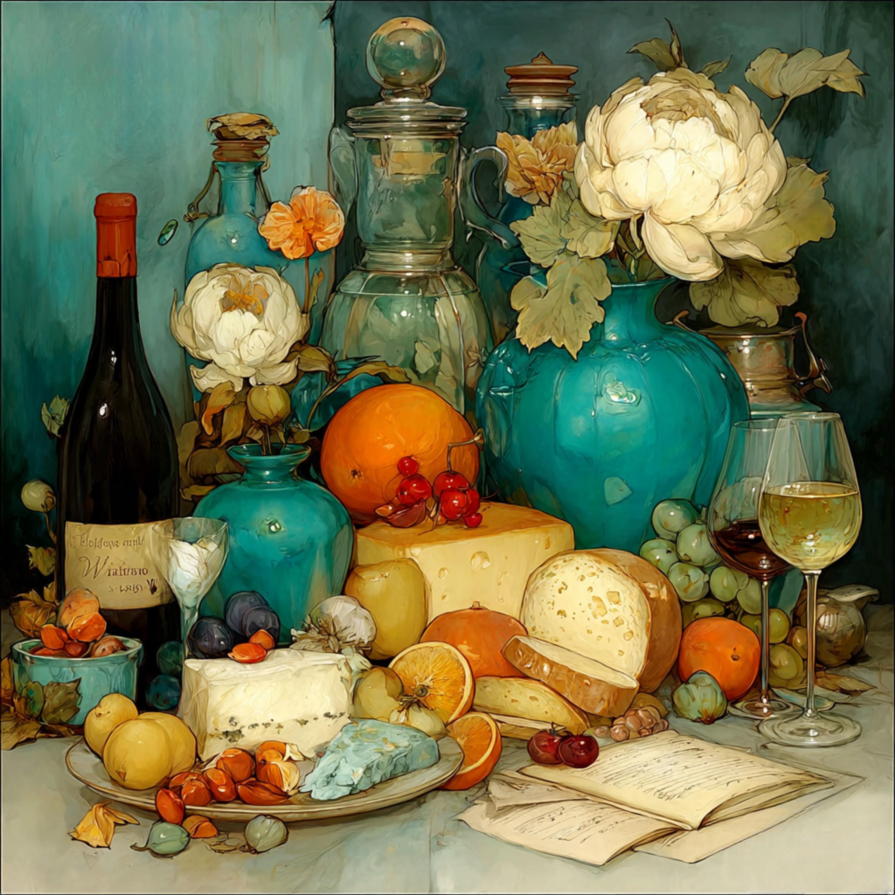 DIY Wall Art Kitchen Still Life | Digital Art Wine Cheese Bread Fruit | Dining Room Artwork for Crafters POD Sublimation Decor