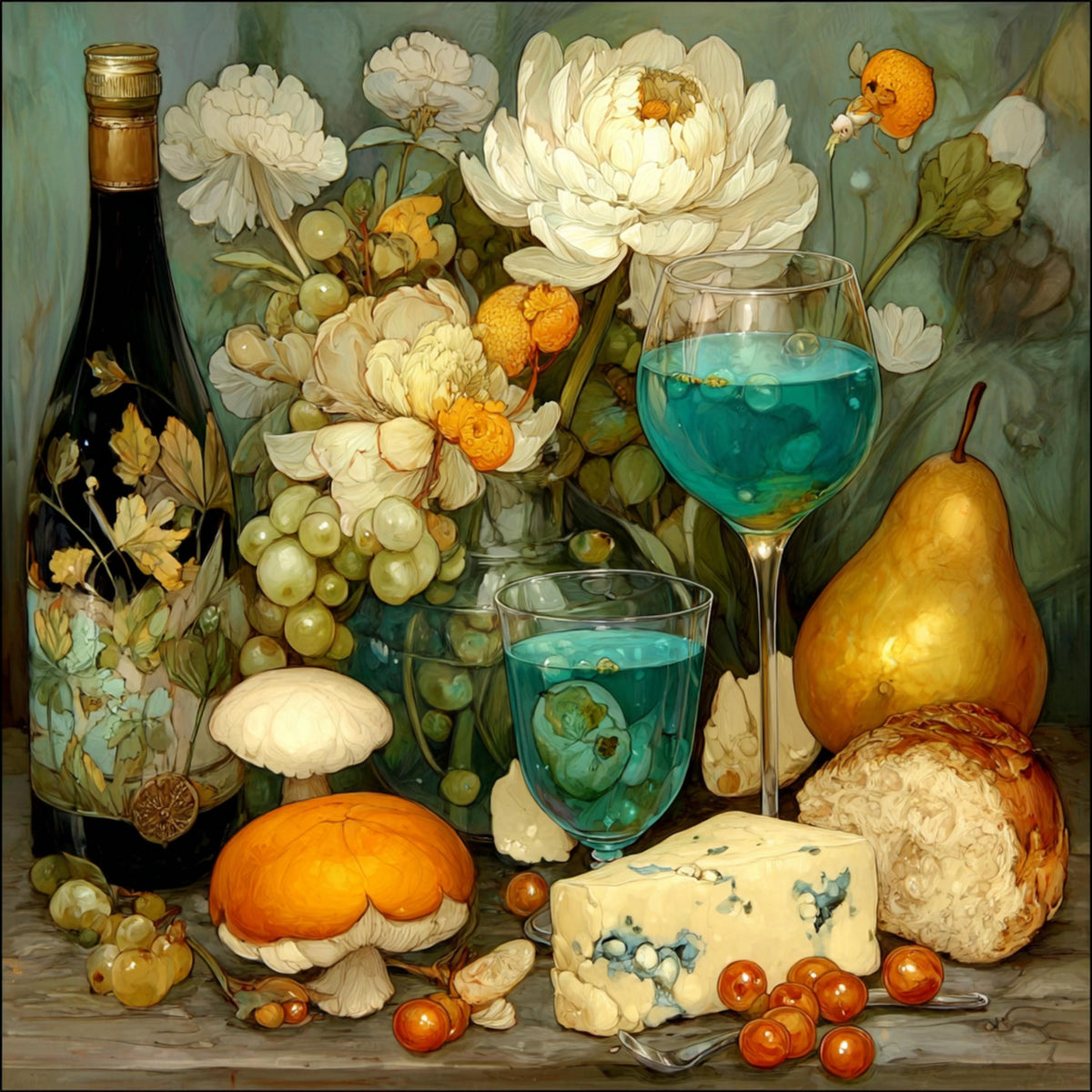 DIY Wall Art Kitchen Still Life | Digital Art Wine Cheese Bread Fruit | Dining Room Artwork for Crafters POD Sublimation Decor