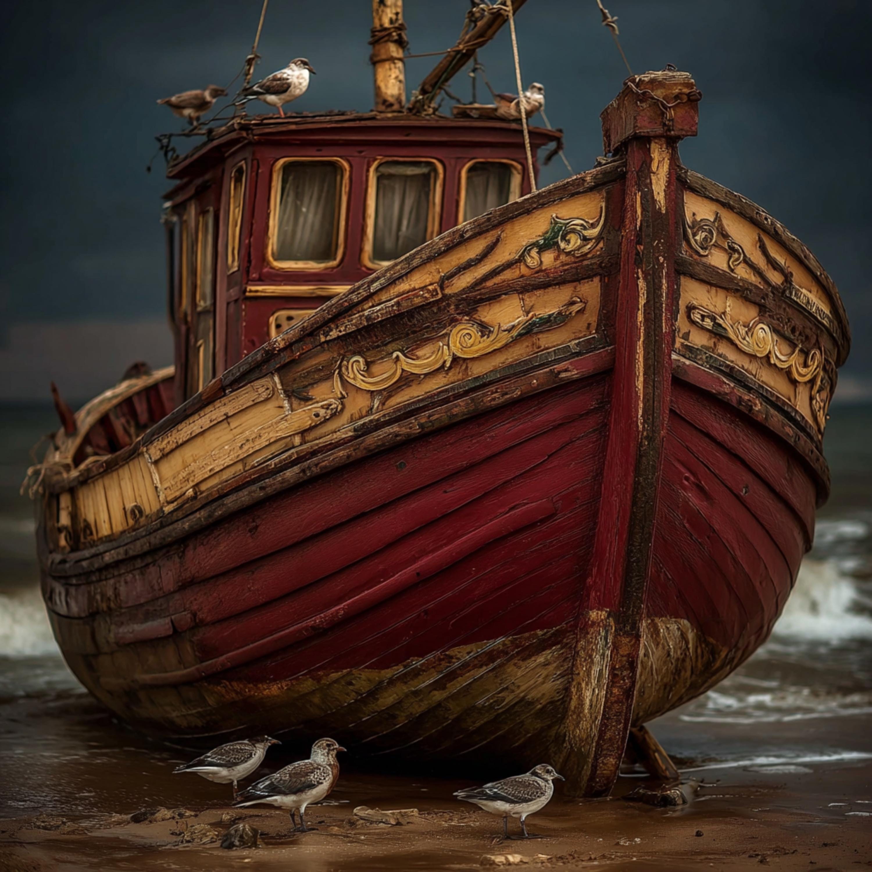 15 Red Boat Ocean Scene Wall Art, Rustic Rowboat Coastal Prints, DIY Nautical Art, Fishing Trawler Digital Images for Beach Home Decor