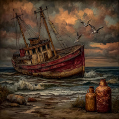 15 Red Boat Ocean Scene Wall Art, Rustic Rowboat Coastal Prints, DIY Nautical Art, Fishing Trawler Digital Images for Beach Home Decor