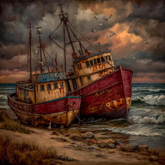 15 Red Boat Ocean Scene Wall Art, Rustic Rowboat Coastal Prints, DIY Nautical Art, Fishing Trawler Digital Images for Beach Home Decor