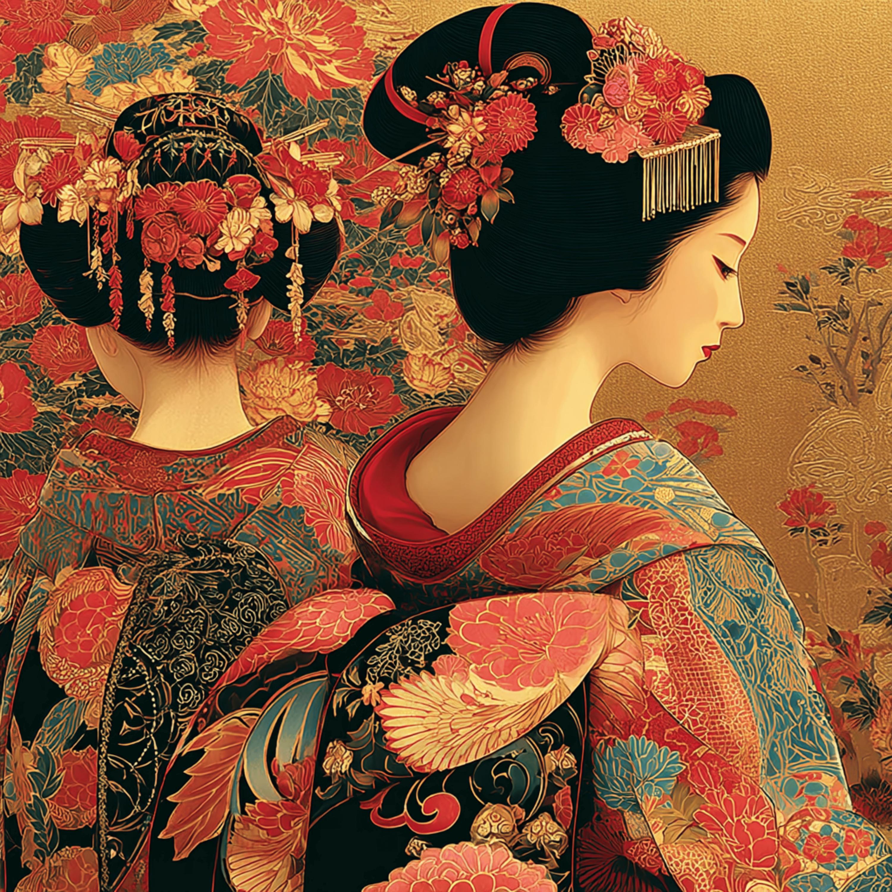 45 DIY Wall Art Geisha Portraits, Japanese Style Digital Prints, Floral Kimono Sublimation Art, Elegant Boho Artwork for Crafters Decor