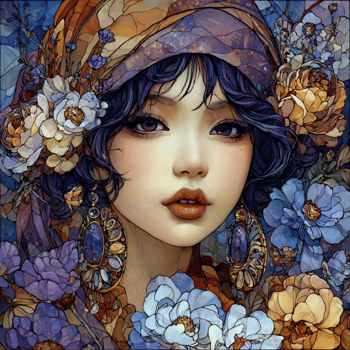 13 Boho Floral Girl Art Prints, DIY Wall Art for Craft Projects, Violet Blue and Gold Flower Portraits, Sublimation Clipart for Gifts