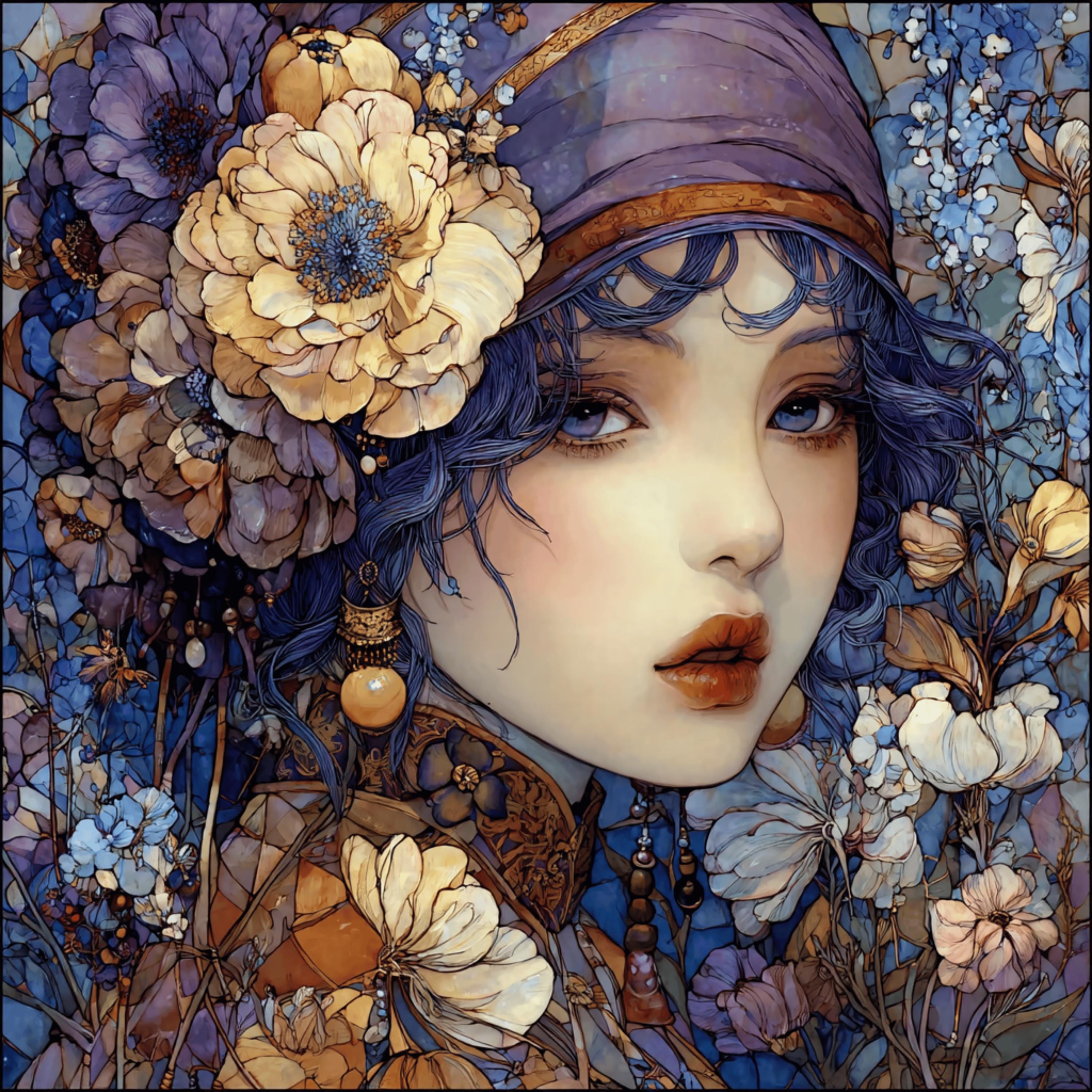 13 Boho Floral Girl Art Prints, DIY Wall Art for Craft Projects, Violet Blue and Gold Flower Portraits, Sublimation Clipart for Gifts