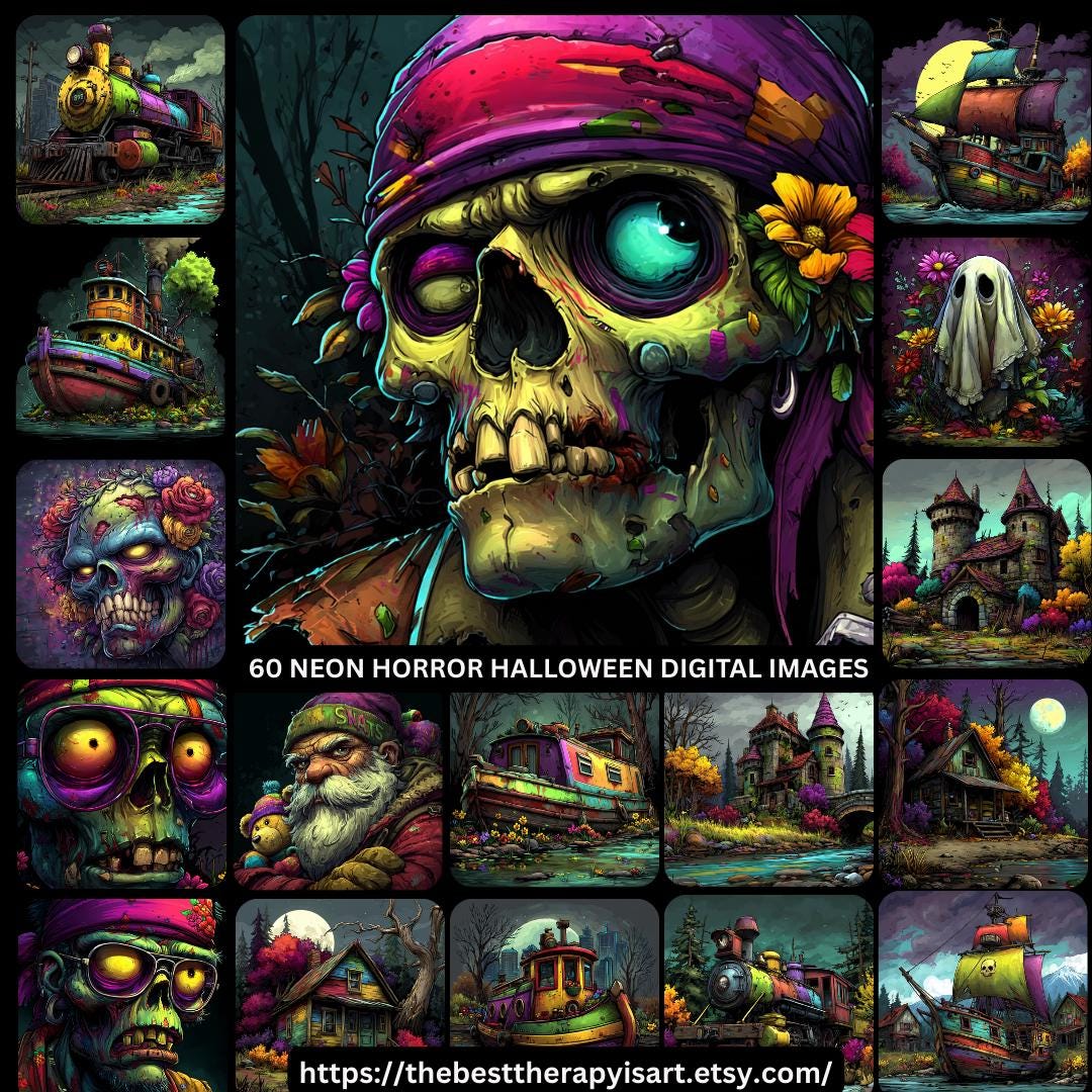 60 Neon Halloween Wall Art Digital Bundle - 60 Spooky Sublimation Images for DIY Crafts, POD Decor, Horror Ghost Art, Haunted House Clipart.
