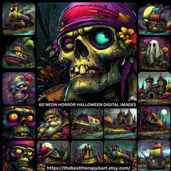 60 Neon Halloween Wall Art Digital Bundle - 60 Spooky Sublimation Images for DIY Crafts, POD Decor, Horror Ghost Art, Haunted House Clipart.