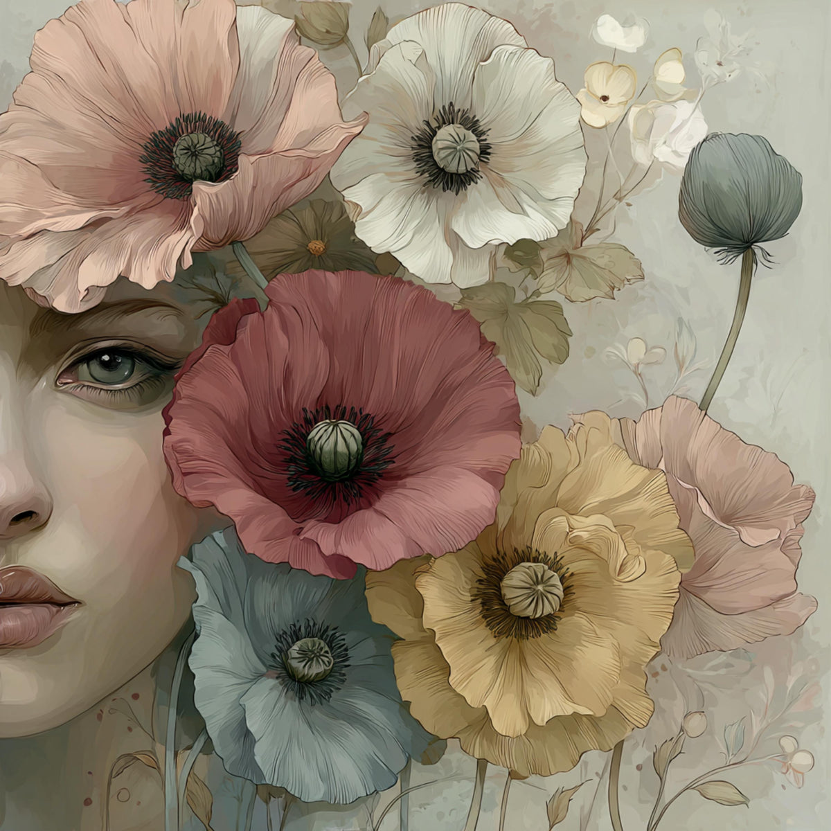 12 DIY Wall Art Woman with Flowers Printable Floral Portraits Feminine Botanical Artwork for POD, Bedroom Decor & Crafting Projects