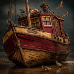 15 Red Boat Ocean Scene Wall Art, Rustic Rowboat Coastal Prints, DIY Nautical Art, Fishing Trawler Digital Images for Beach Home Decor