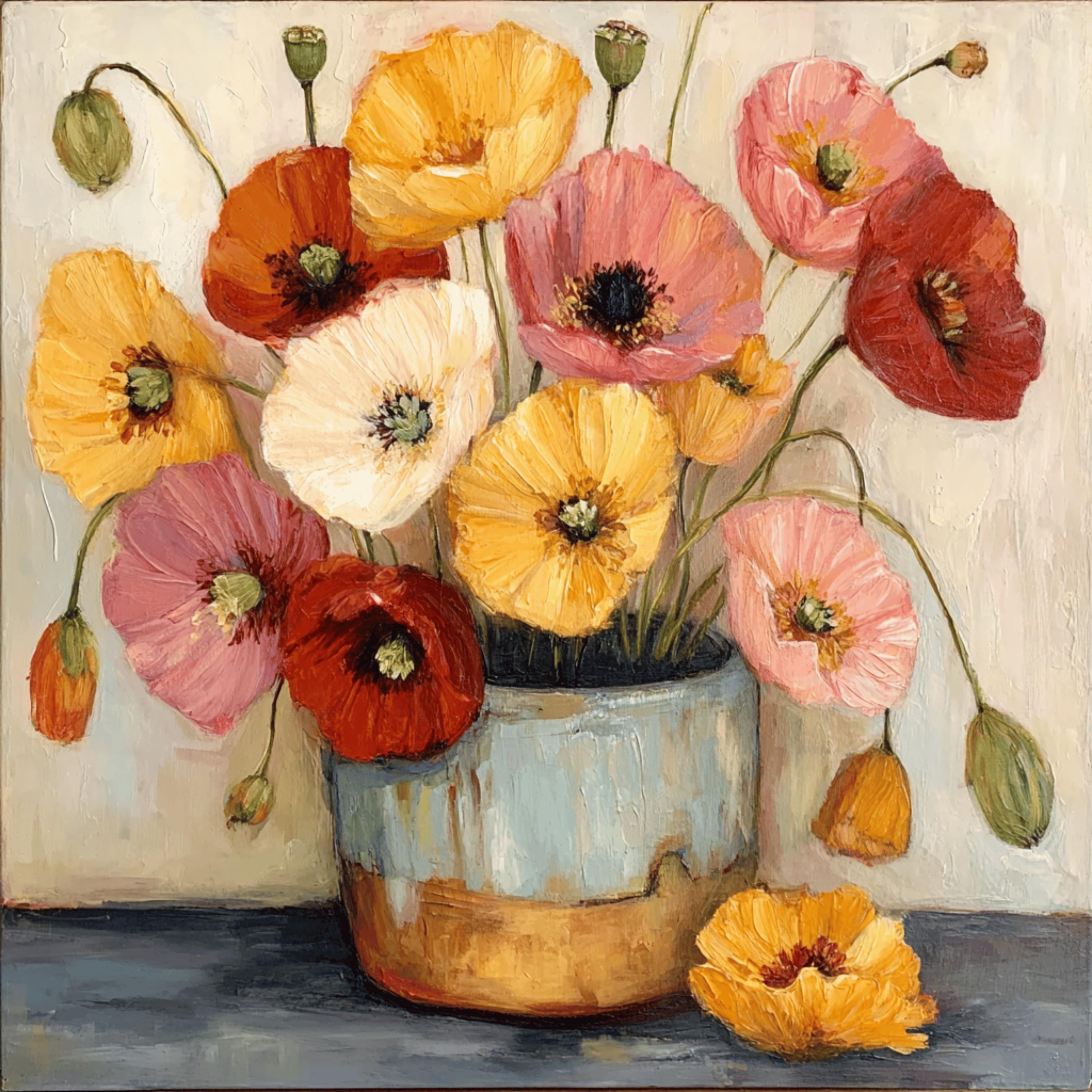 11 DIY Wall Art Printable Poppies, Yellow Poppies Ceramic Vase, Floral Still Life Artwork for Kitchen, Farmhouse Wall Decor, Instant PNG Set