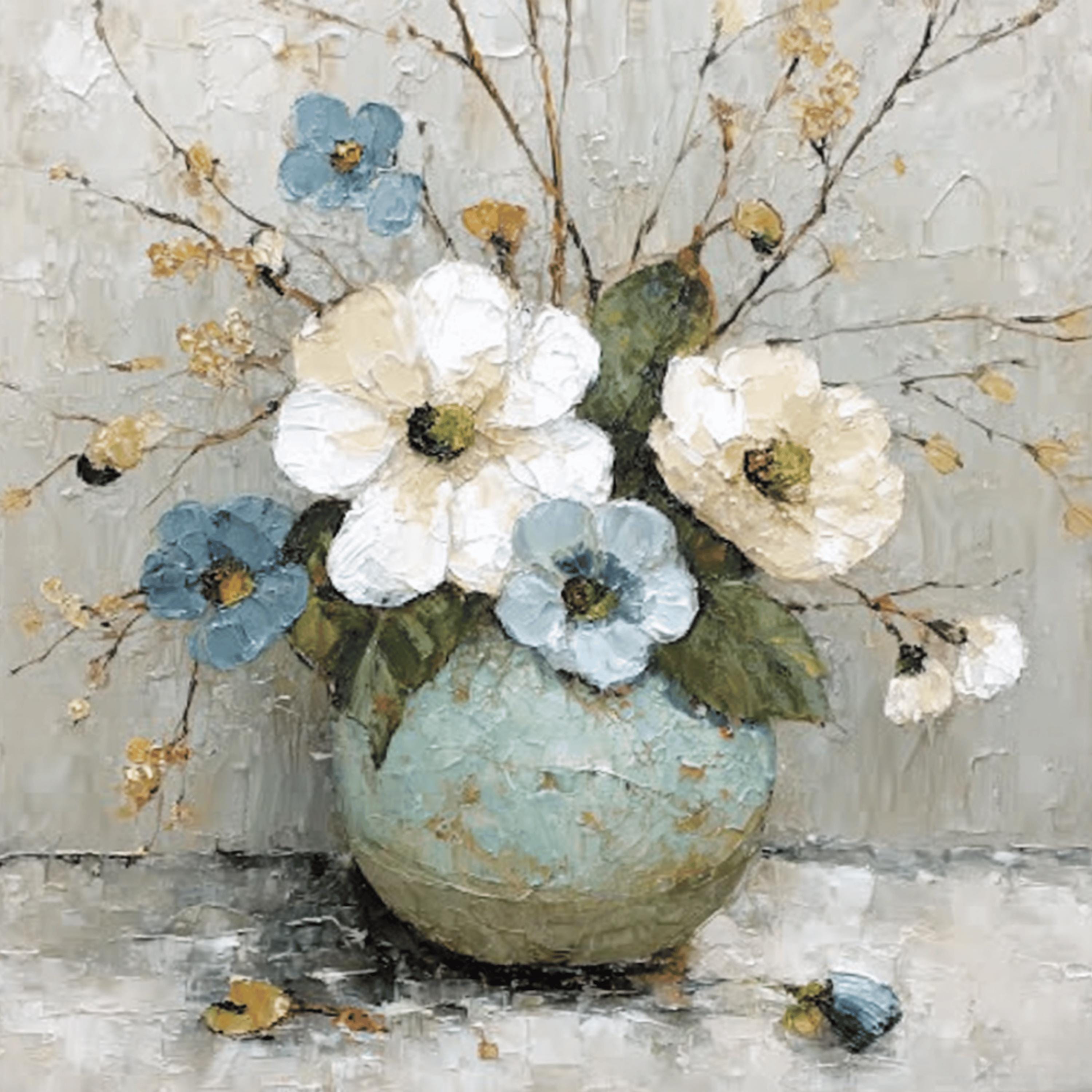 15 DIY Wall Art Printable Flowers, Ceramic Vase on Gray, Floral Still Life Kitchen Decor, Farmhouse Wall Art, Instant Download PNG Set